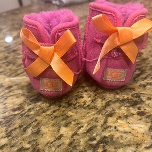 UGG Fuchsia Baby Booties with Tangerine Bow